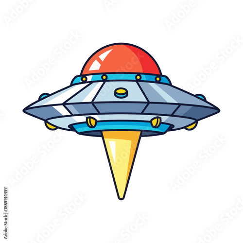 Cartoon UFO Flying Saucer with Red Dome and Yellow Beam