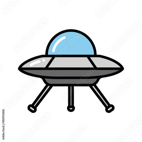 Cartoon UFO Spaceship Flying Saucer with Blue Dome and Legs on White Background