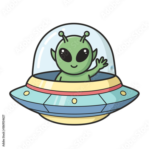 Cute alien waving from a flying saucer, cartoon illustration