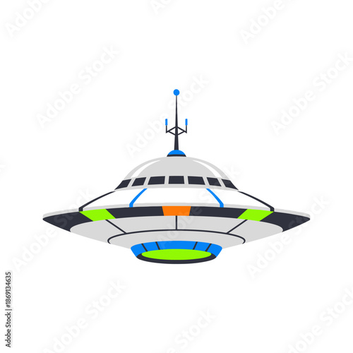 Retro futuristic UFO flying saucer with colorful lights and antenna, isolated on white.