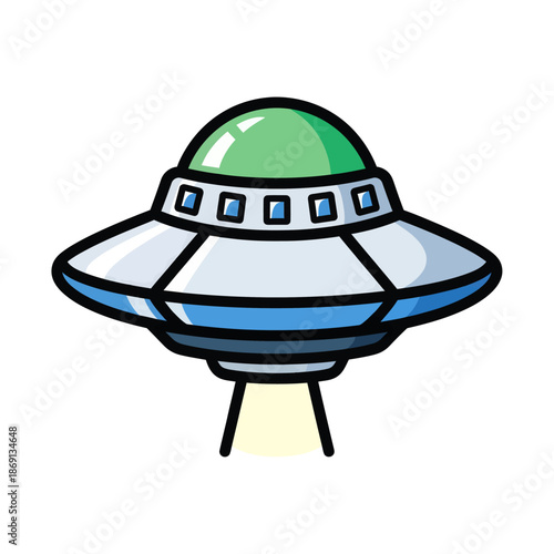 Cartoon UFO flying saucer with green dome and light beam from below, isolated on white background.