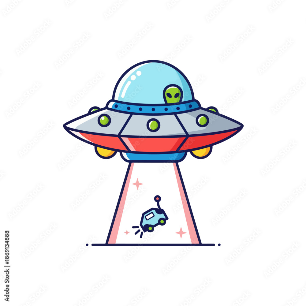 Fototapeta premium Cute Alien in Flying Saucer Abducting Car with Beam Light, Cartoon UFO Spaceship