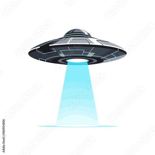 Futuristic UFO Spaceship with Blue Beam Light, Isolated on White Background