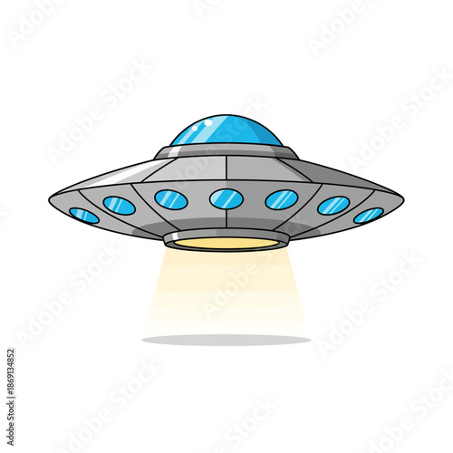 Cartoon UFO Flying Saucer with Light Beam - Sci-Fi Illustration