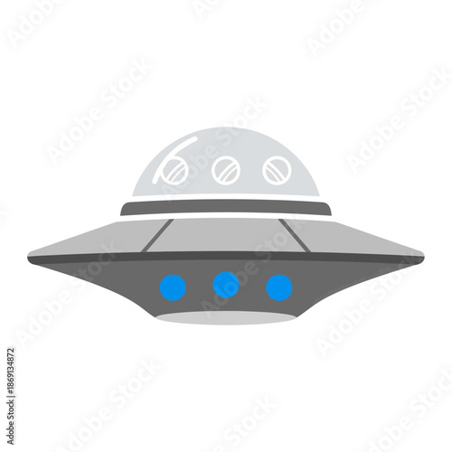 Retro flying saucer illustration with dome and blue lights, isolated on white