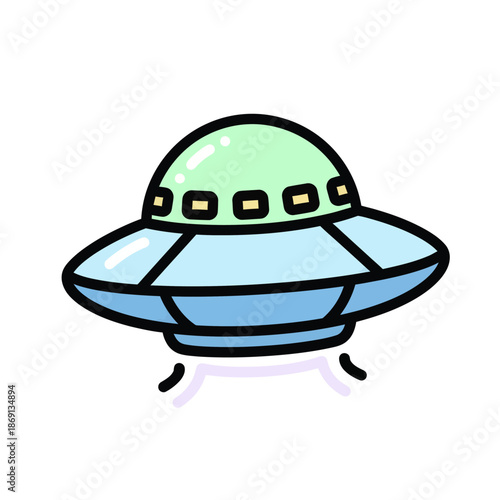 Cute cartoon UFO flying saucer with light green dome and blue body, isolated on white background.