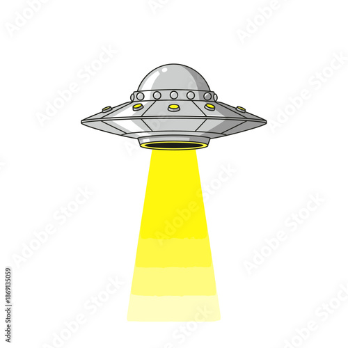 Retro UFO Flying Saucer Emitting Yellow Beam Against White Background