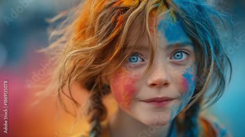 close-up of the face of an enchanting young girl with blue eyes, her hair and  covered in vibrant holi colors, capturing a moment frozen by the lens. the background is blurred to emphasize her express
