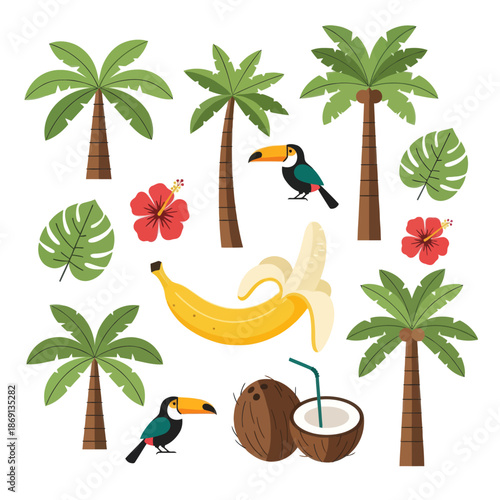 Tropical Paradise Elements: Palm Trees, Toucans, Banana, Coconut, Hibiscus Flowers