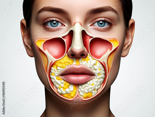Nasal polyps Anatomical cross section of female face showing nasal sinuses and facial fat pads