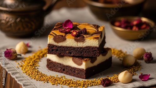 Wallpaper Mural Two stacked slices of rich chocolate and cheesecake layered bar dessert, garnished with edible flowers and bee pollen on a textured cloth Torontodigital.ca