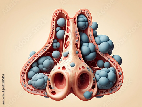 Nasal polyps Cross section of nasal cavity with polyps and inflamed tissue illustration