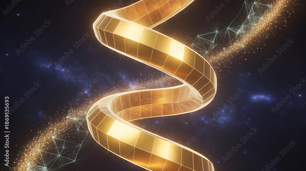 Obraz premium Golden DNA Helix Spiral Swirling with Stardust and Network Connections in Cosmic Background - Cinematic 3D Render