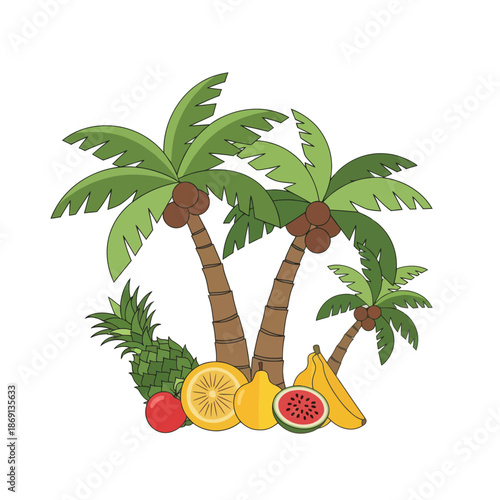 Tropical Paradise: Palm Trees with Assorted Exotic Fruits - Pineapple, Banana, Watermelon, Lemon
