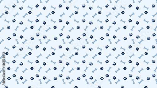 Seamless pattern with dog paw prints and bones on light blue background. Creative animal vector for pet shop, wallpaper, and fabric design