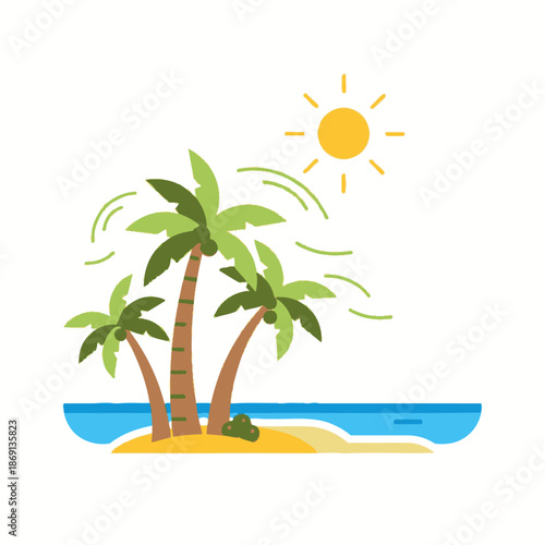 Tropical island paradise with palm trees, sun and ocean, flat design