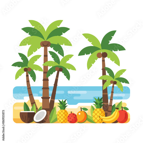 Tropical Beach Paradise with Palm Trees, Exotic Fruits, and Ocean View
