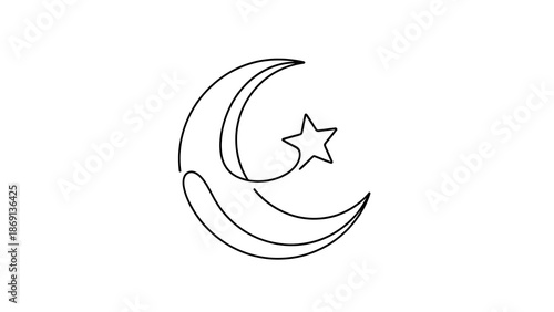 A simple and flowing continuous one-line drawing of the crescent moon and star, creating a clean, minimalist black vector symbol of faith isolated on a white background.