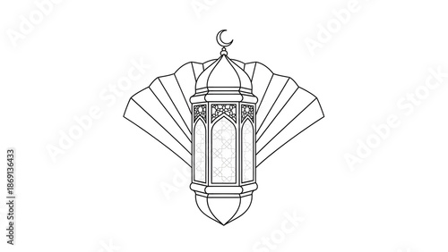 This minimalist black and white outline vector illustration depicts a traditional islamic fanous lantern, featuring intricate geometric patterns and a crescent moon, evoking a spiritual