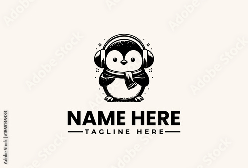 A black and white illustration of a penguin wearing headphones and holding a microphone on a clean white background with a logo and tagline text.