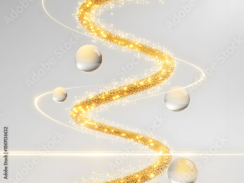Sparkling Gold Swirl with Bubbles and Light Lines on White Background