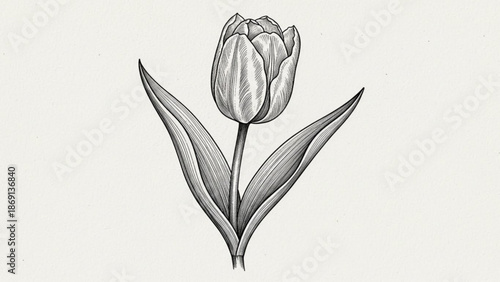 Elegant tulip flower in detailed black and white illustration