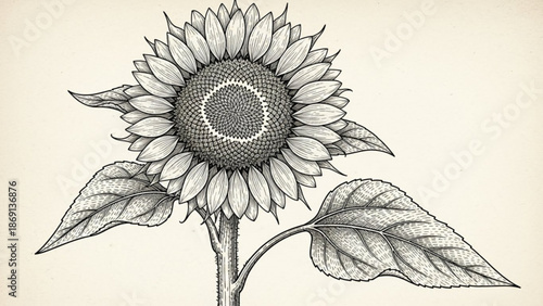 Detailed black and white sunflower illustration with leaves