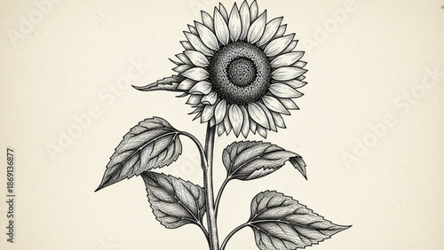 Detailed black and white sunflower illustration with leaves