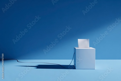 Minimalistic workspace with laptop and blue background