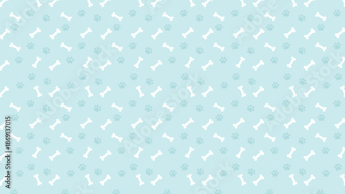 Seamless pattern with white dog bones and blue paw prints on a light pastel background for puppy-themed designs