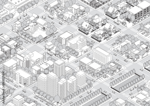 街並みの立体図. 都市の景観. アイソメ図で描いた都市.