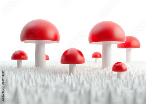 Red Mushrooms in a White Field