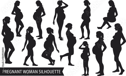 Pregnant woman silhouette set featuring expectant mothers in multiple standing and walking poses, maternity pregnancy concept, black and white vector illustration for healthcare and family themes