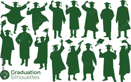Graduation silhouette collection featuring students in caps and gowns celebrating, waving and tossing hats, academic success and education achievement theme, clean vector illustration set