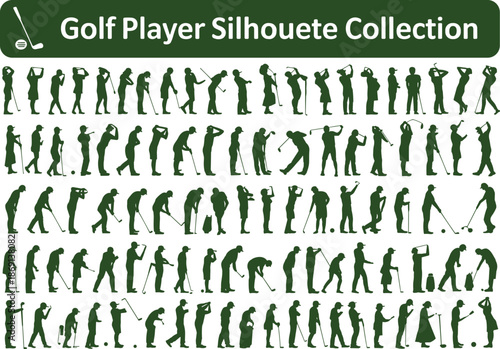 Golf player silhouette collection showcasing dynamic swings, putting stances, and equipment interaction for sports design, vector illustration, and athletic branding use.