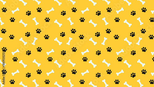 Seamless pattern with black paw prints and white dog bones on a vibrant yellow background. Cheerful animal footprint vector for pet shop branding, nursery decor, and playful textile design