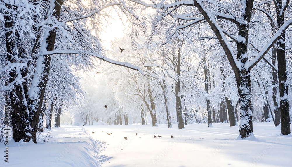 custom made wallpaper toronto digitalA snow-covered path winds through a winter forest with trees laden in white. Birds fly and perch amongst the branches