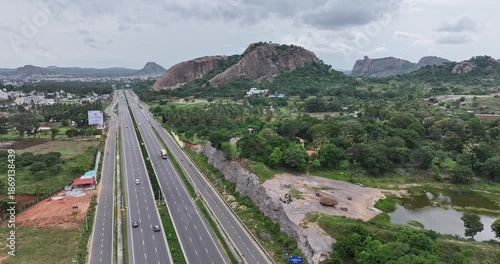 An Aerial view of old bangalore to mysore expressway or highway amidst mountains