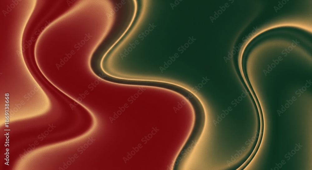 Naklejka premium Abstract flowing liquid waves in red and green colors with golden outlines creating a festive and luxury holiday season background.