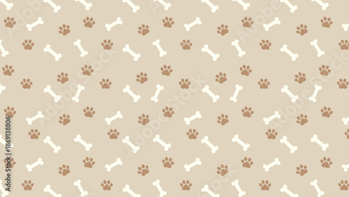 Seamless pattern with white bones and brown paw prints on a taupe background. Minimalist animal footprint vector for pet shop branding, nursery wallpaper, and rustic textile design