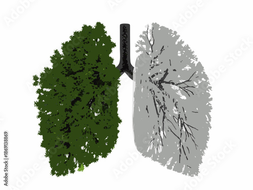 A visual comparison of healthy and damaged lungs depicted as tree forms