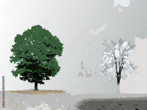 Illustration of two trees one lush and green the other bare and wintry