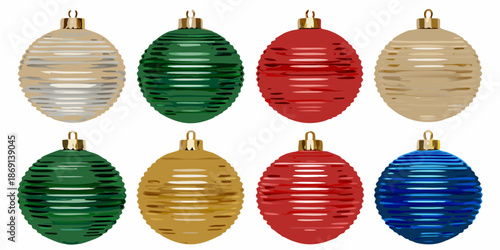 A collection of colorful striped christmas ornaments on a white background