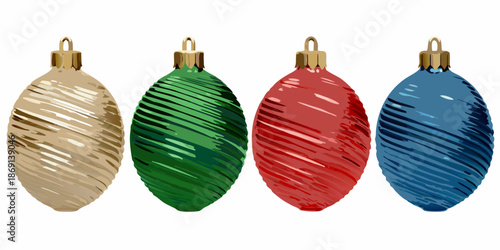 A collection of four colorful striped christmas ornaments displayed in a row