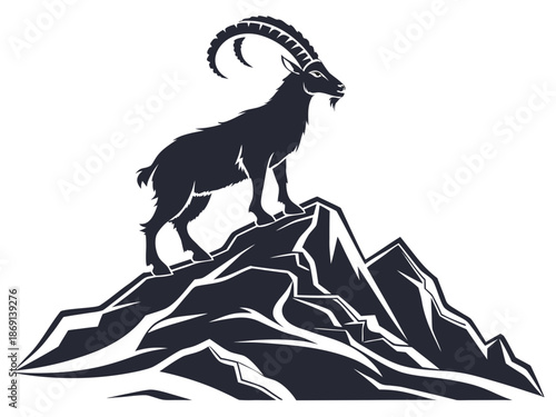A majestic ibex stands proudly atop a rocky mountain peak