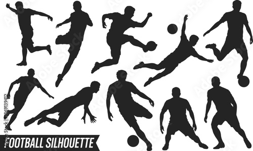 Football silhouette set featuring soccer players performing kicks, jumps, tackles, and dribbling actions, dynamic black vector illustration for sports competition, training, and team branding designs