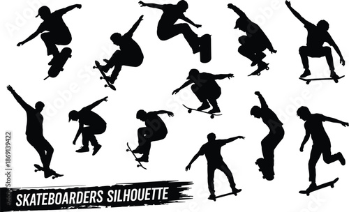 Skateboarders silhouette collection showing skaters performing jumps, tricks, and flips in mid air, dynamic black vector illustration for street sport and youth culture designs