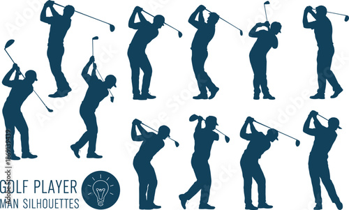 Golf player man silhouette collection in dark blue showing swing progression for sports training, motion study, and vector illustration design use.
