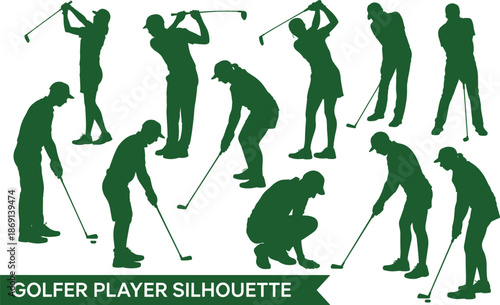 Golfer player silhouette collection featuring green vector poses of swinging, putting, and reading greens for sports, golf design, and illustration use.