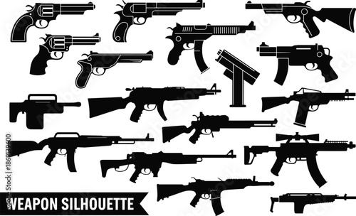 Weapon silhouette collection featuring black profiles of pistols, rifles, revolvers, submachine guns, and turret for tactical, military, and design illustration use.